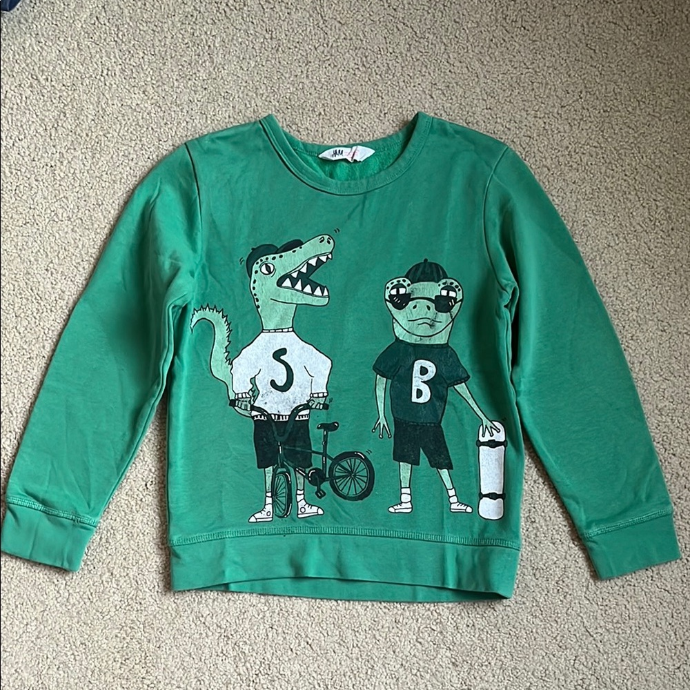 H&M Kids Green White Graphic Print Bike Skating Lizzard Cotton Sweatshirt 8-10